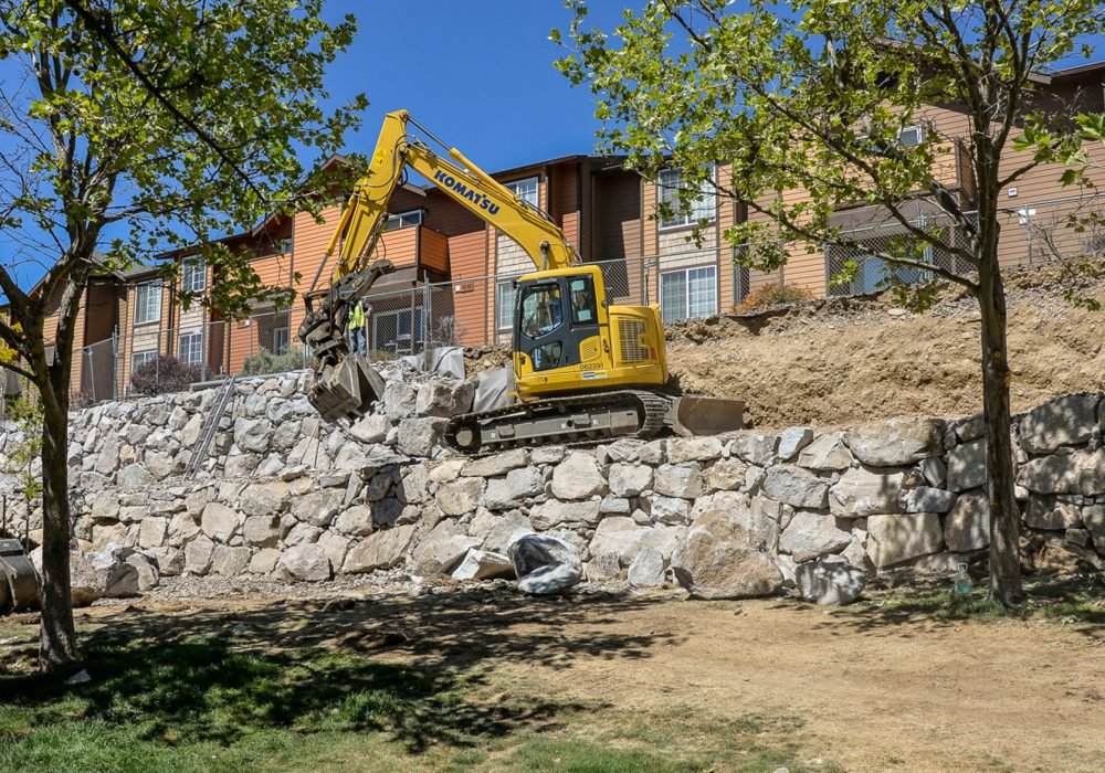 Building Rock retainer wall with Gail Willey Landscaping in Reno Nevada