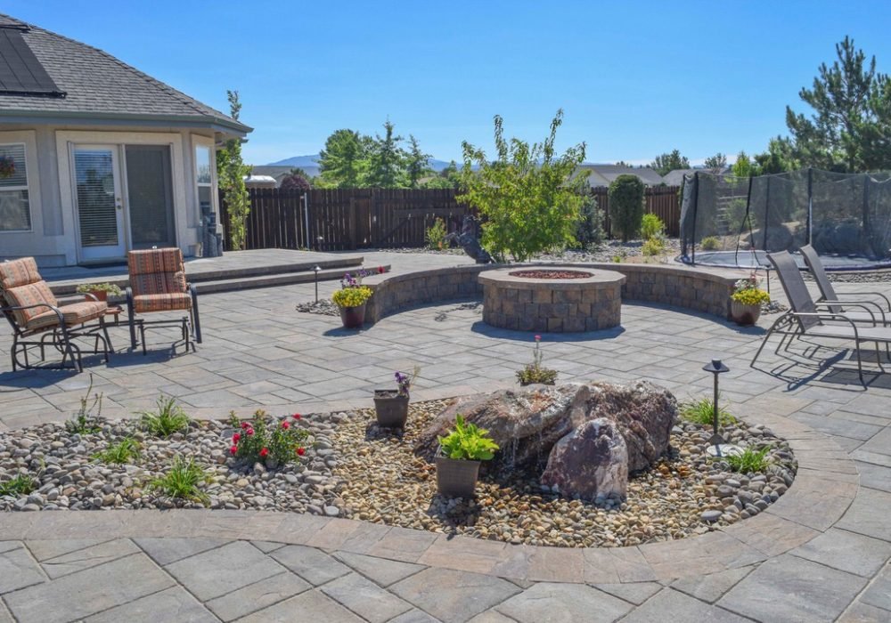 Outdoor fire pit with seat walls and xeriscape reno tahoe nevada
